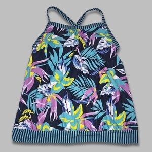 Floral Tropical Tankini Crisscross Straps Stretchy Multicolor/Navy W Medium NWOT
